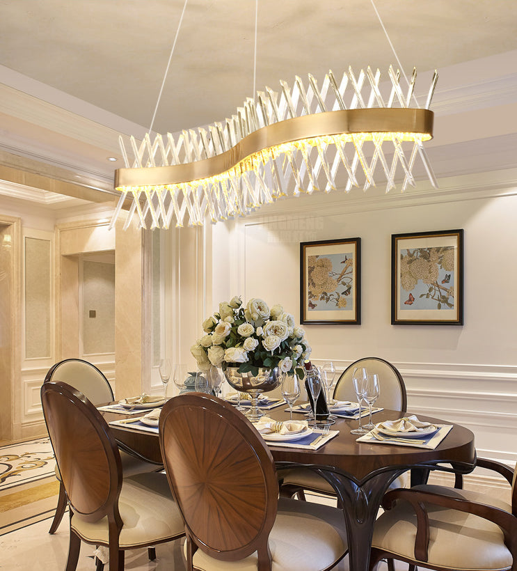 Simple Geometric Chandelier K9 Strip Crystal Dining Room LED Suspension Lighting in Rose Gold