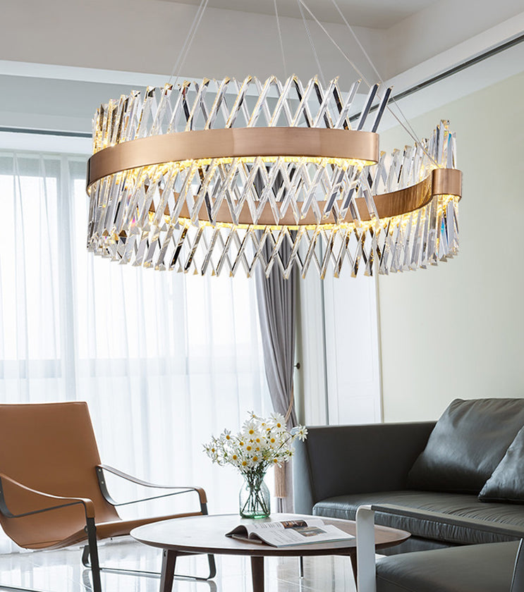 Simple Geometric Chandelier K9 Strip Crystal Dining Room LED Suspension Lighting in Rose Gold