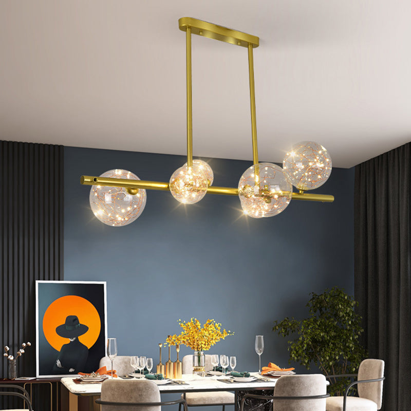 Mid-Century Gold Island Pendant Lighting Spherical Clear Glass Island Ceiling Light for Dining Table