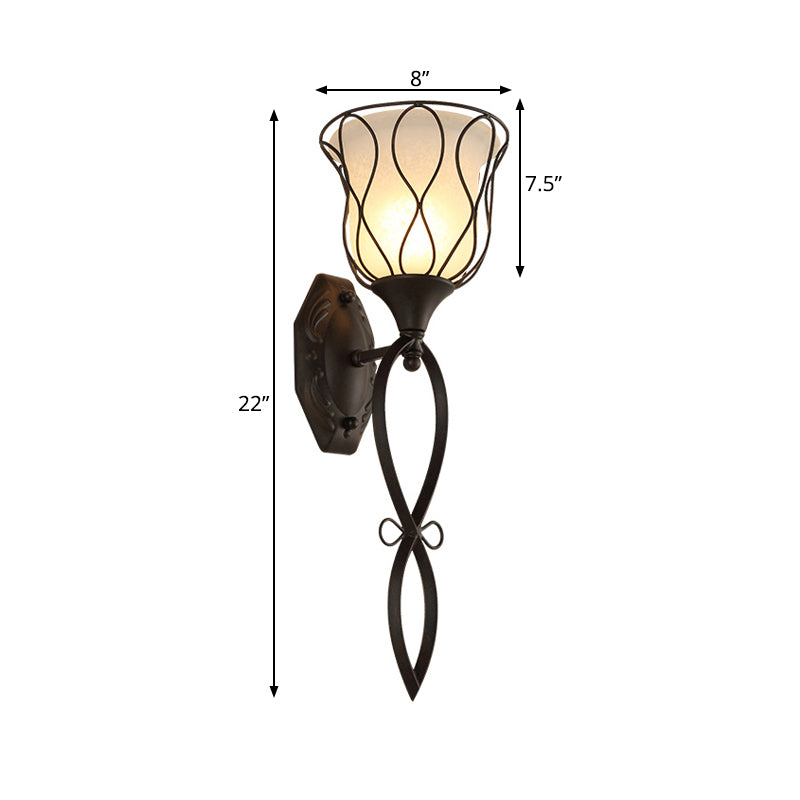 1 Light Metal Wall Lamp Rustic Black Bell Corridor Sconce Light Fixture with Opal Glass Shade