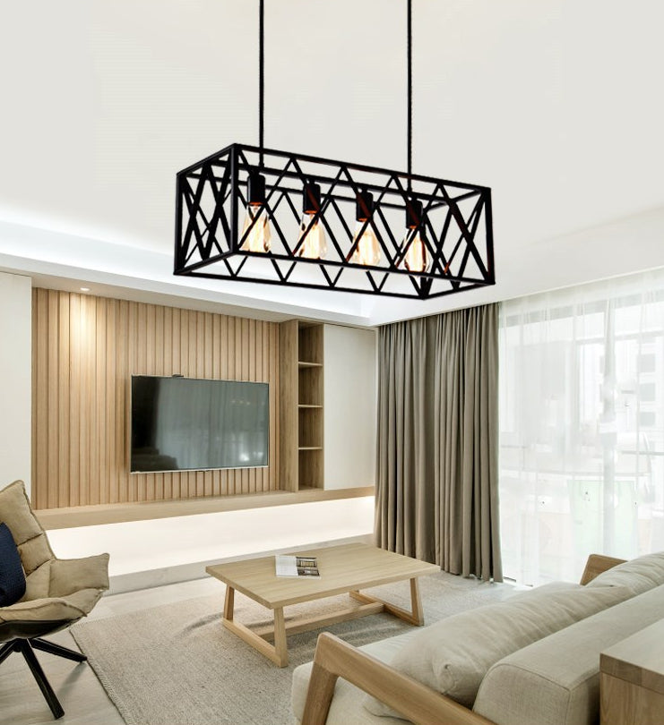 Black Industrial Island Pendant Lighting Cross Framed Box Iron Island Ceiling Light for Dining Table
