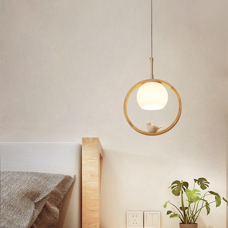 1 Luz de colgante ligero Lámpara de colgante de madera natural redonda contemporánea con pájaro pequeño