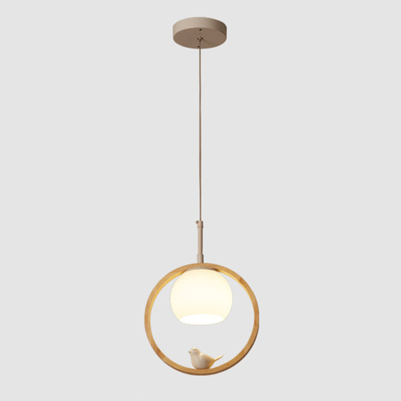 1 Light Pendant Light Contemporary Round Natural Wood Bedroom Hanging Lamp with Little Bird