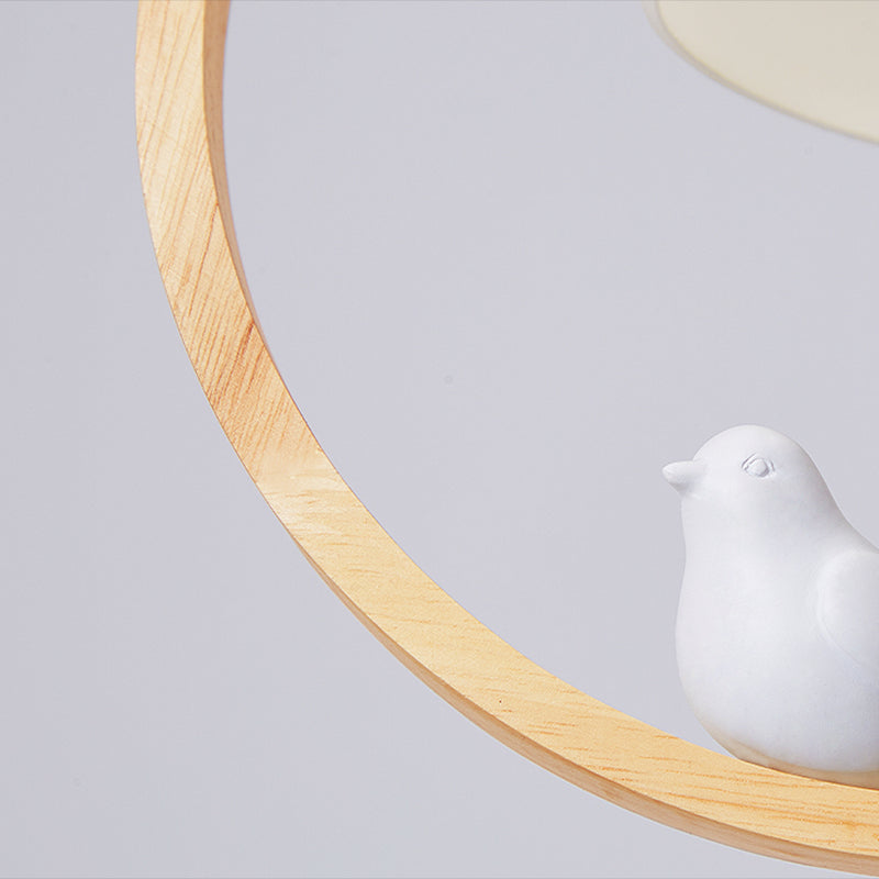 1 Light Pendant Light Contemporary Round Natural Wood Bedroom Hanging Lamp with Little Bird