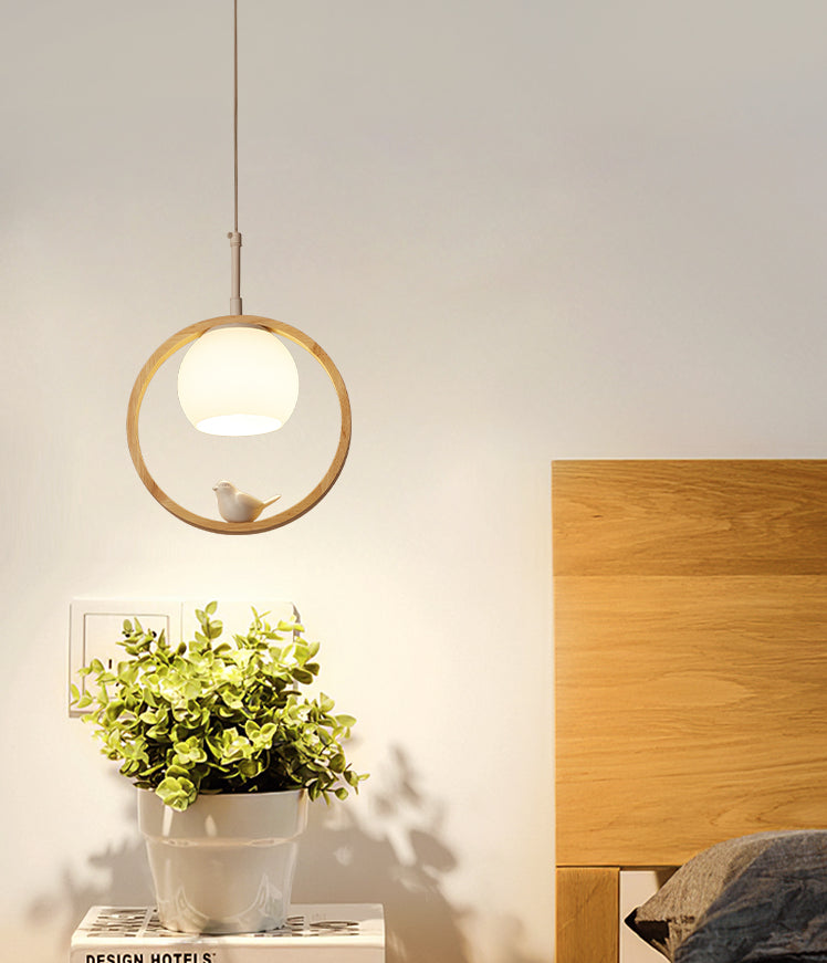 1 Light Pendant Light Contemporary Round Natural Wood Bedroom Hanging Lamp with Little Bird