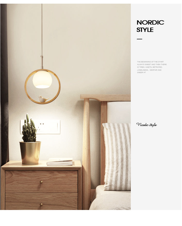 1 Light Pendant Light Contemporary Round Natural Wood Bedroom Hanging Lamp with Little Bird
