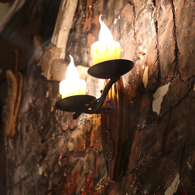2 Lights Candle Wall Lamp Vintage Yellow Resin Sconce Light Fixture with Wood Backplate
