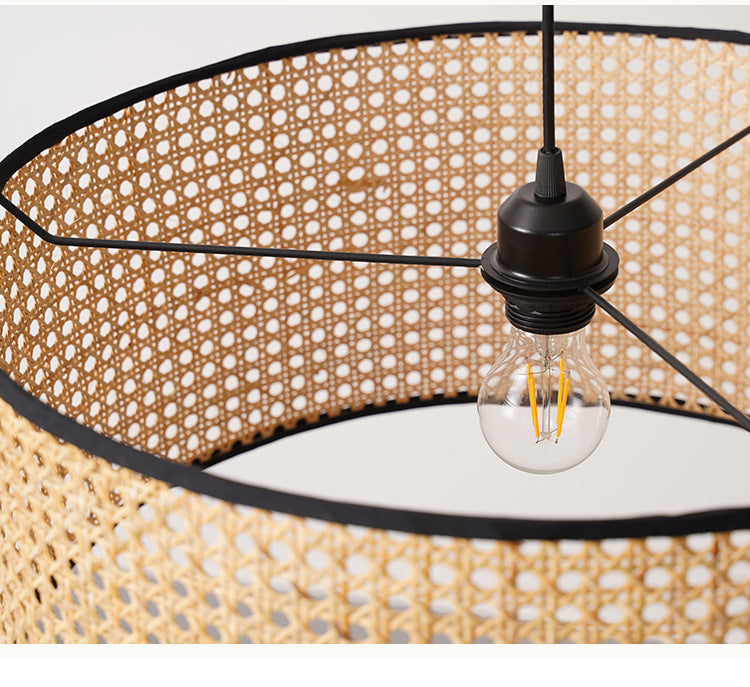 Drum Rattan Shade Pendant Hanging Lamp Asia Style 1 Light Hanging Ceiling Light in Beige for Living Room