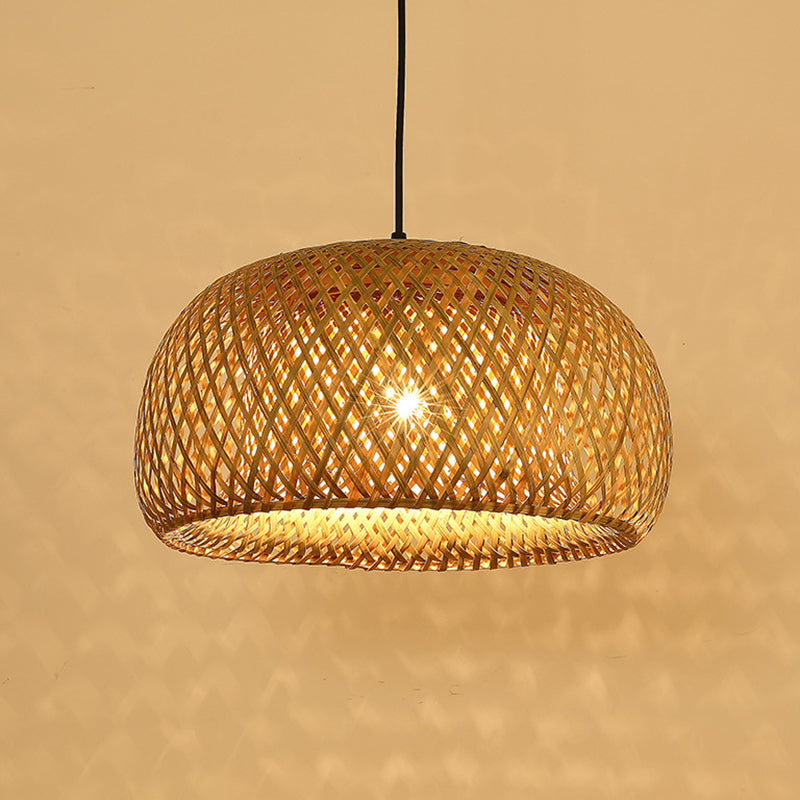 Double walled Hanging Lamp Kit Asian Bamboo 1-Light Beige Hanging Pendant for Restaurant