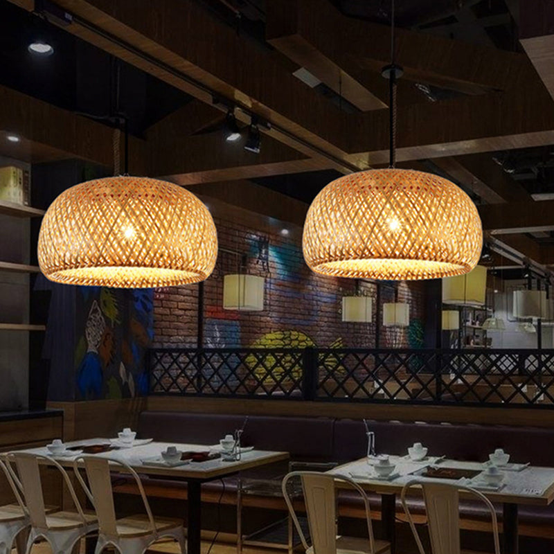 Double walled Hanging Lamp Kit Asian Bamboo 1-Light Beige Hanging Pendant for Restaurant