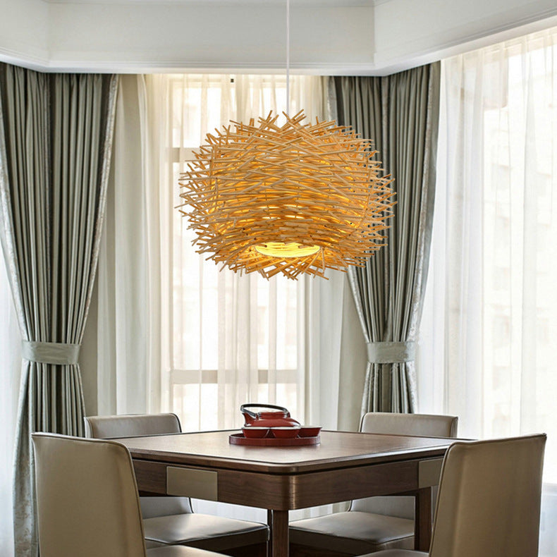 Modern Nest Design Indoor Lighting Fixture Rattan 1 Light Decorative Pendant Lamp in Beige