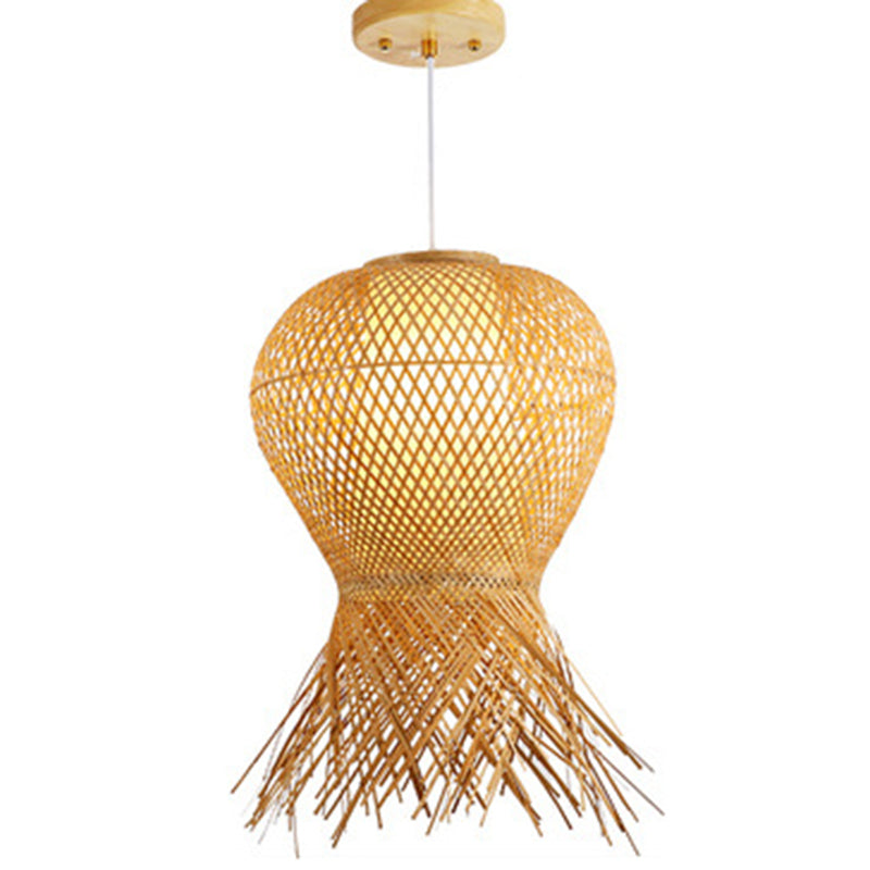 Beige Hand-Woven Pendant Chinese Style 1 Bulb Bamboo Hanging Light for Dining Table