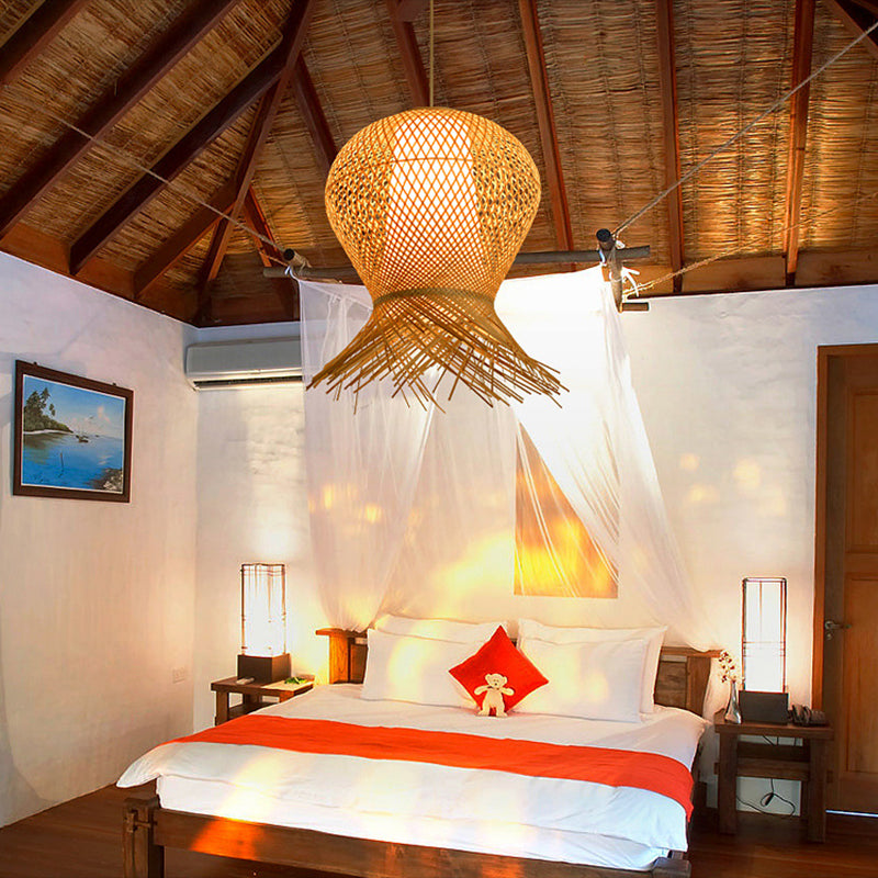 Beige Hand-Woven Pendant Chinese Style 1 Bulb Bamboo Hanging Light for Dining Table