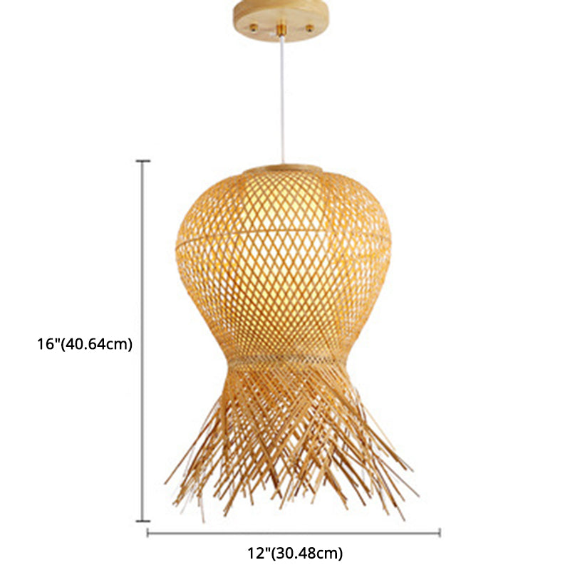 Beige Hand-Woven Pendant Chinese Style 1 Bulb Bamboo Hanging Light for Dining Table