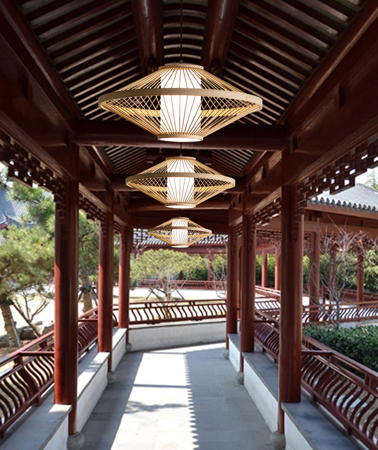 Flying Saucer Pendant Light Fixture Chinese Bamboo 1 Light Restaurant Suspension Pendant