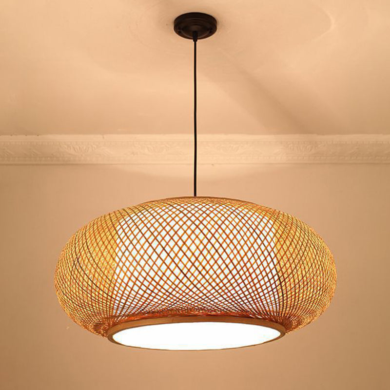 Chinese Round Lantern Ceiling Light Beige Bamboo 1 Light Restaurant Hanging Pendant Lighting