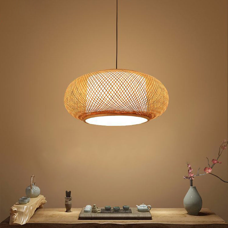 Chinese Round Lantern Ceiling Light Beige Bamboo 1 Light Restaurant Hanging Pendant Lighting