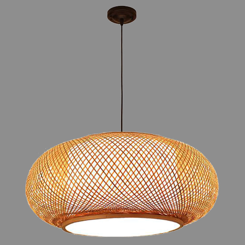Chinese Round Lantern Ceiling Light Beige Bamboo 1 Light Restaurant Hanging Pendant Lighting