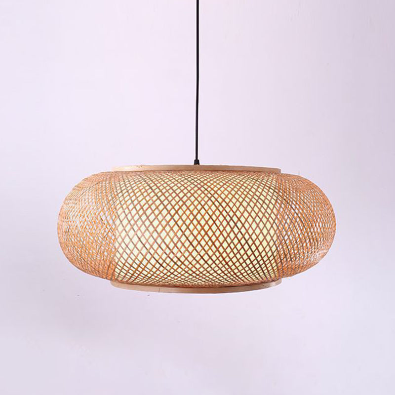 Chinese Round Lantern Ceiling Light Beige Bamboo 1 Light Restaurant Hanging Pendant Lighting