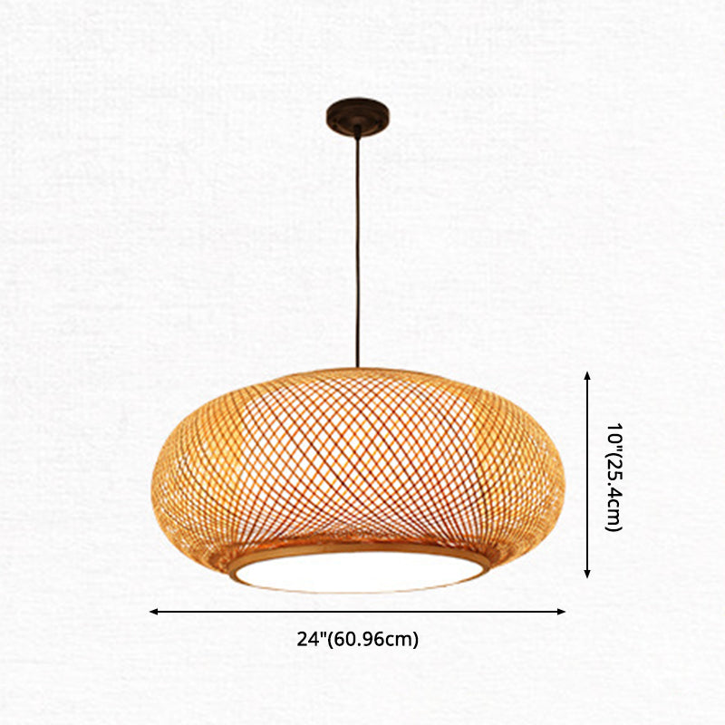 Chinese Round Lantern Ceiling Light Beige Bamboo 1 Light Restaurant Hanging Pendant Lighting