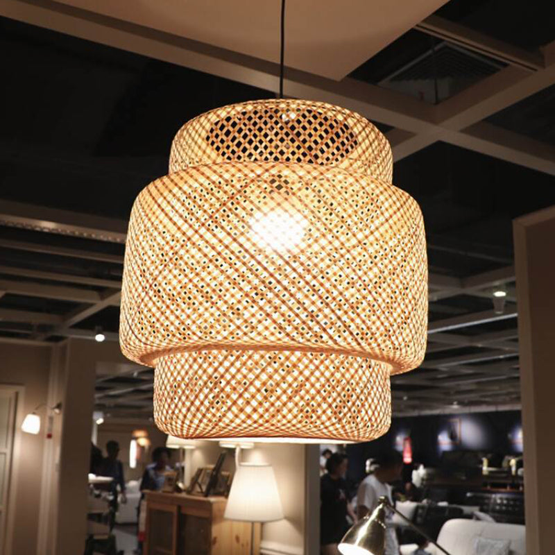Modern Style Tiered Ceiling Light Bamboo 1-Light Restaurant Hanging Pendant Lighting in Beige
