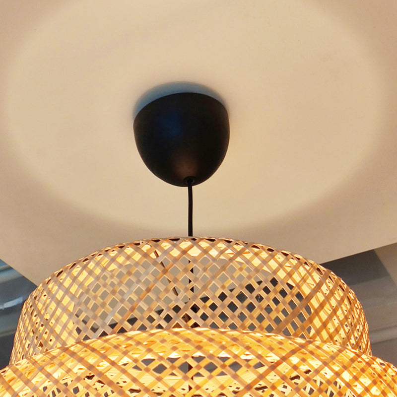 Modern Style Tiered Ceiling Light Bamboo 1-Light Restaurant Hanging Pendant Lighting in Beige