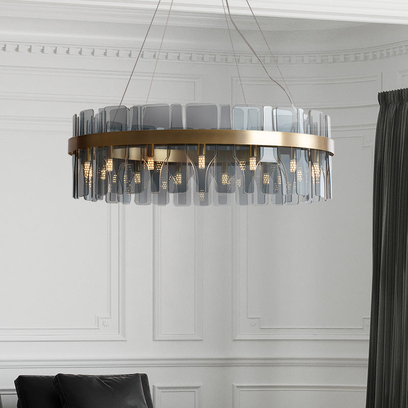 Gold Circular Pendant Lamp Modern Minimalist Smoked Glass Living Room Hanging Ceiling Light