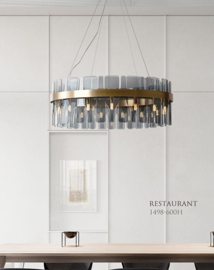 Gold Circular Pendant Lamp Modern Minimalist Smoked Glass Living Room Hanging Ceiling Light