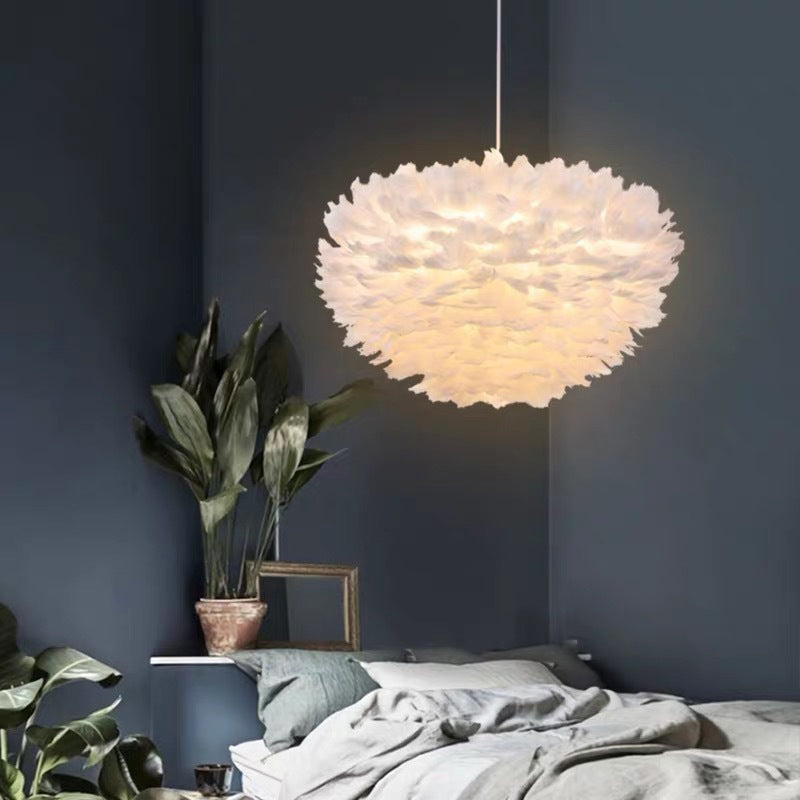 White Feather Pendant Lighting Modern Nordic Creative Globe Hanging Ceiling Light for Bedroom