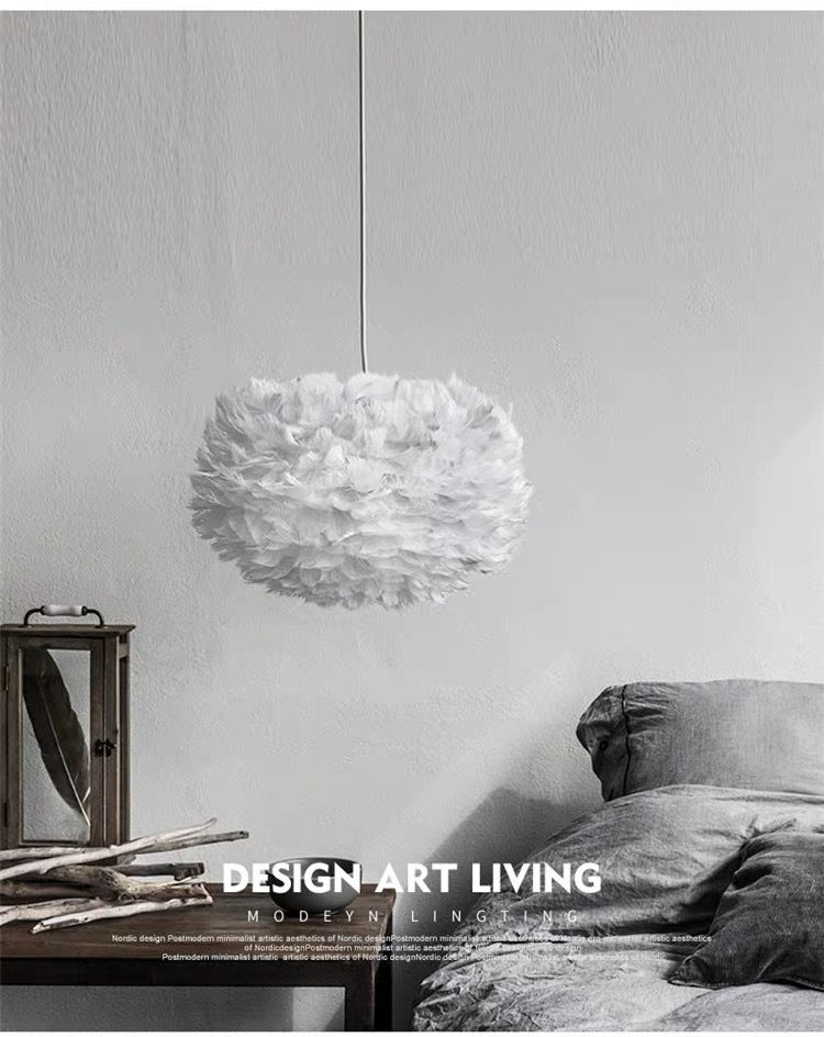 White Feather Pendant Lighting Modern Nordic Creative Globe Hanging Ceiling Light for Bedroom