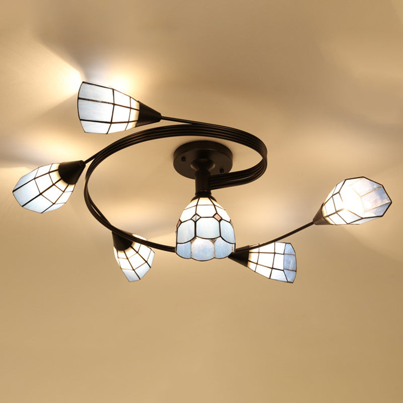 Tiffany Flower Semi Flush Light Stained Glass Ceiling Mounted Light for Living Room