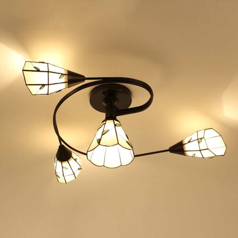 Tiffany Flower Semi Flush Light Stained Glass Ceiling Mounted Light for Living Room
