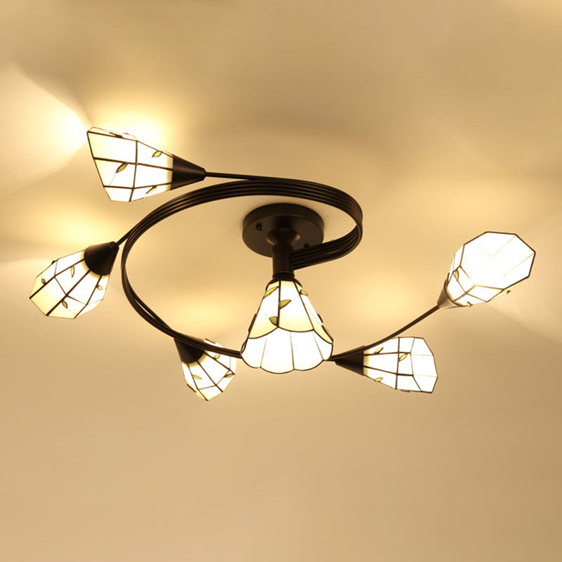 Tiffany Flower Semi Flush Light Stained Glass Ceiling Mounted Light for Living Room