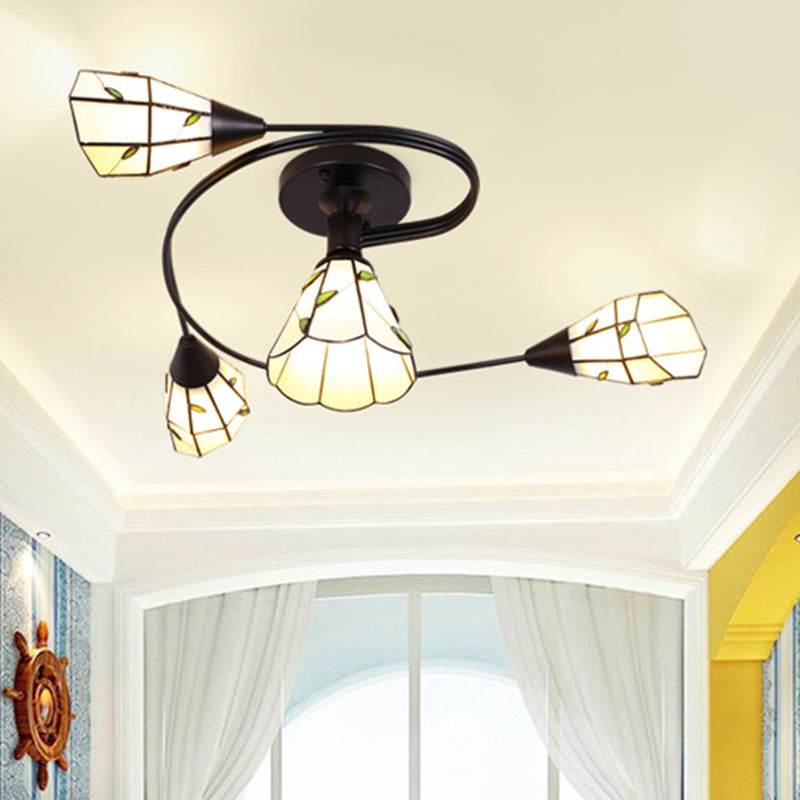 Tiffany Flower Semi Flush Light Stained Glass Ceiling Mounted Light for Living Room