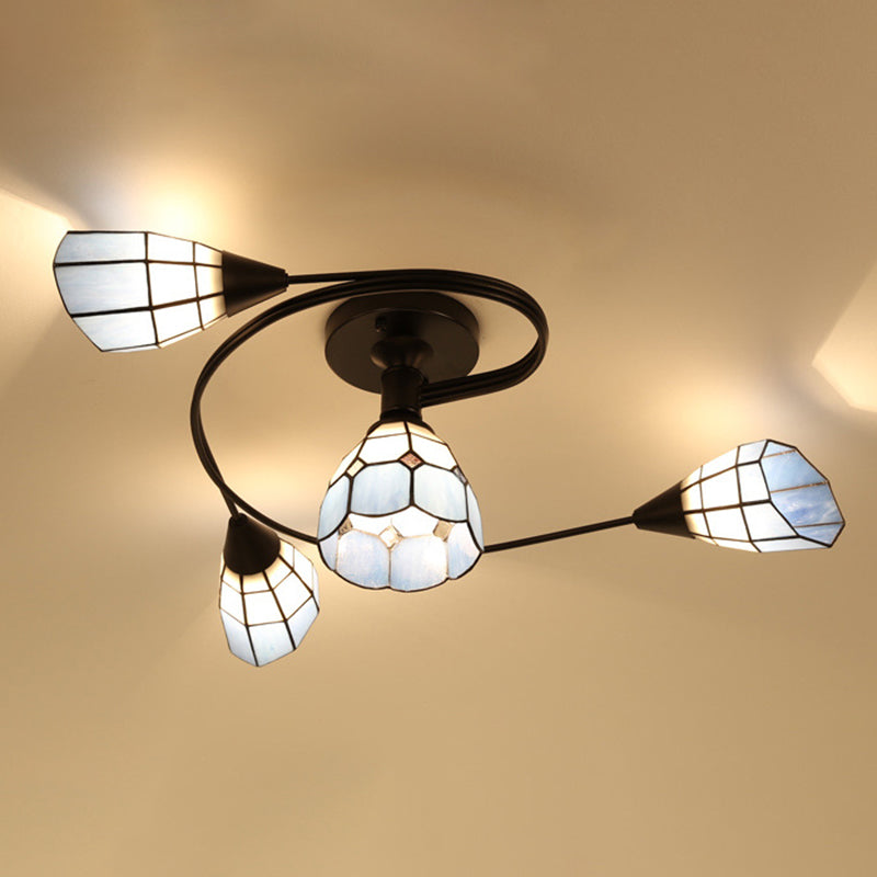 Tiffany Flower Semi Flush Light Stained Glass Ceiling Mounted Light for Living Room
