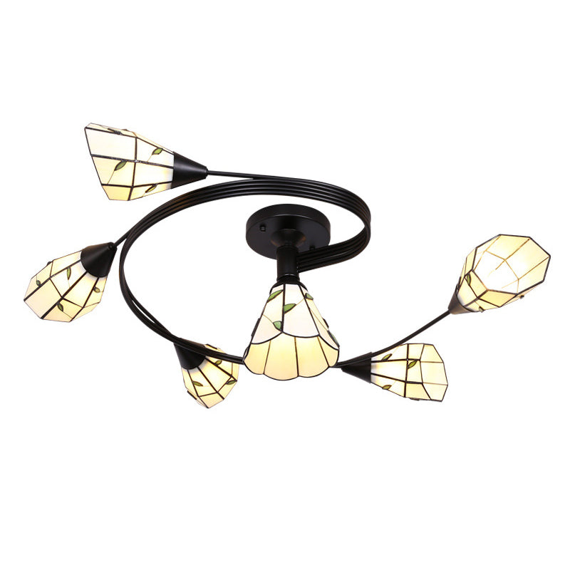 Tiffany Flower Semi Flush Light Stained Glass Ceiling Mounted Light for Living Room