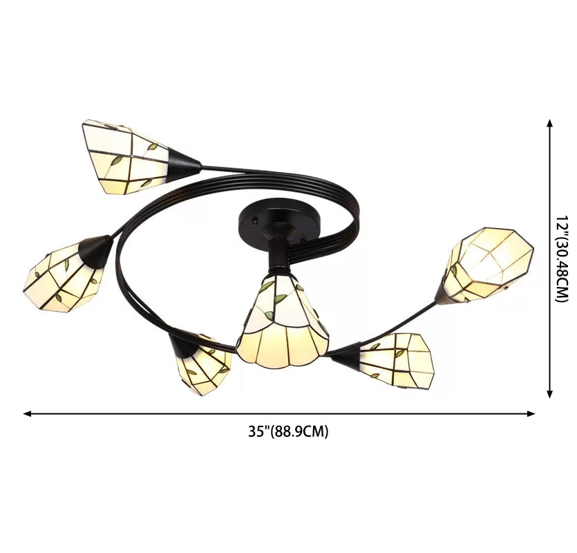 Tiffany Flower Semi Flush Light Stained Glass Ceiling Mounted Light for Living Room