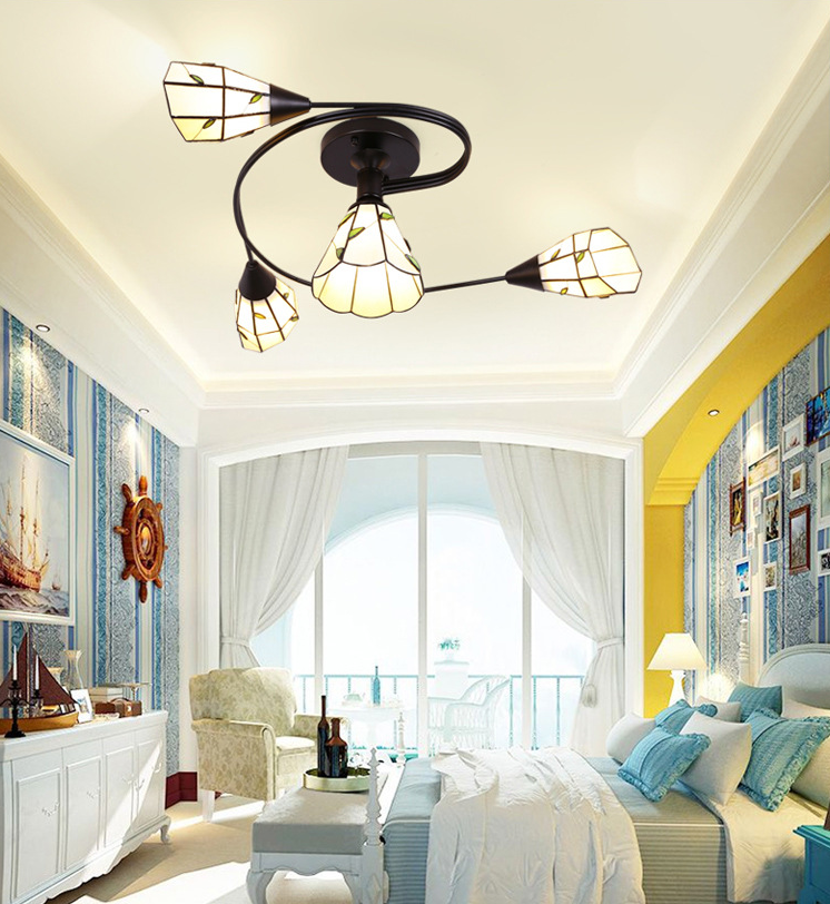 Tiffany Flower Semi Flush Light Stained Glass Ceiling Mounted Light for Living Room
