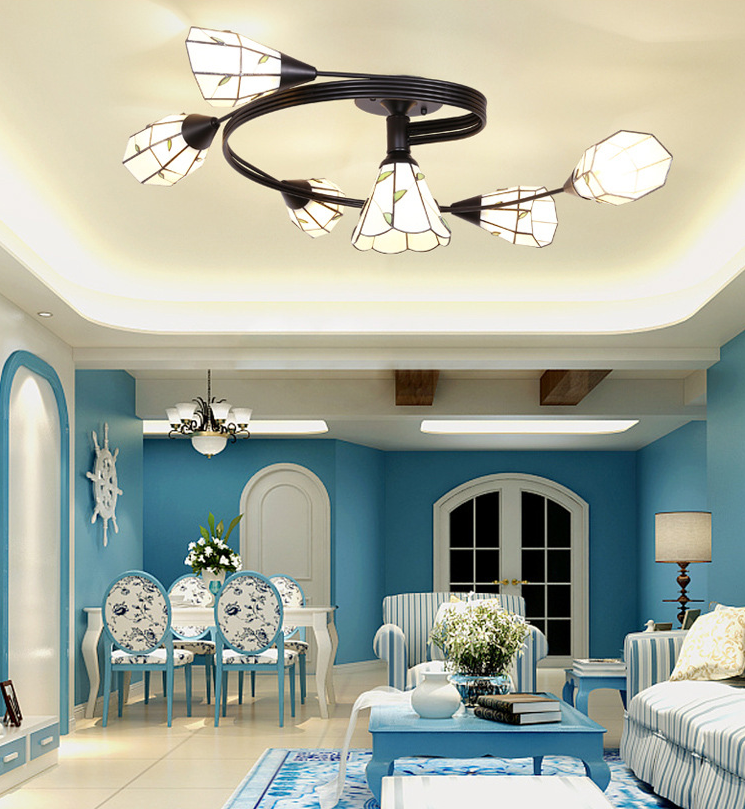 Tiffany Flower Semi Flush Light Stained Glass Ceiling Mounted Light for Living Room