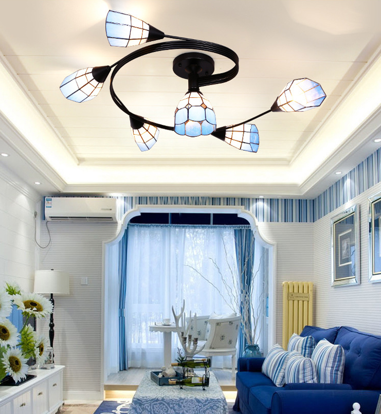 Tiffany Flower Semi Flush Light Stained Glass Ceiling Mounted Light for Living Room