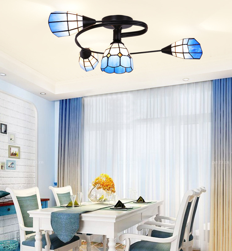 Tiffany Flower Semi Flush Light Stained Glass Ceiling Mounted Light for Living Room