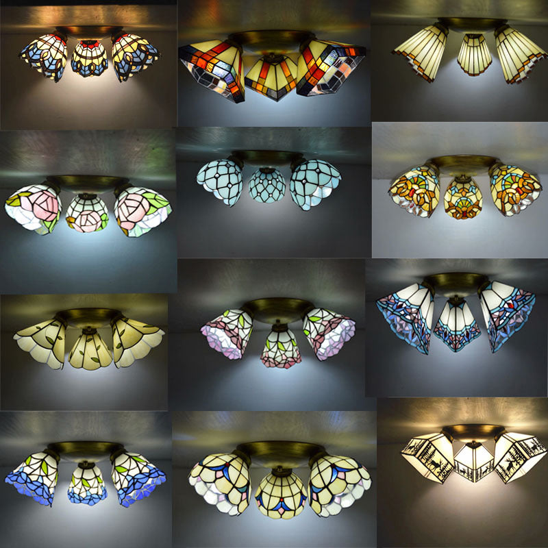 3 Heads Ceiling Flush Light Fixture Tiffany Small Stained Glass Flush Mount Lighting for Hall
