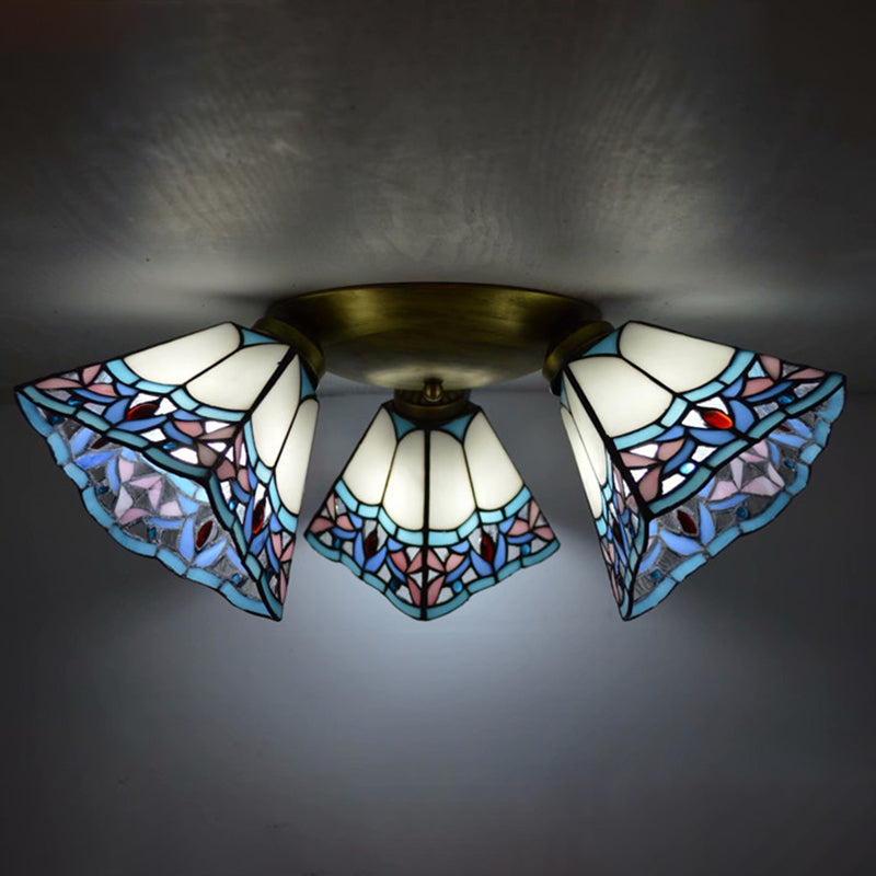3 Heads Ceiling Flush Light Fixture Tiffany Small Stained Glass Flush Mount Lighting for Hall