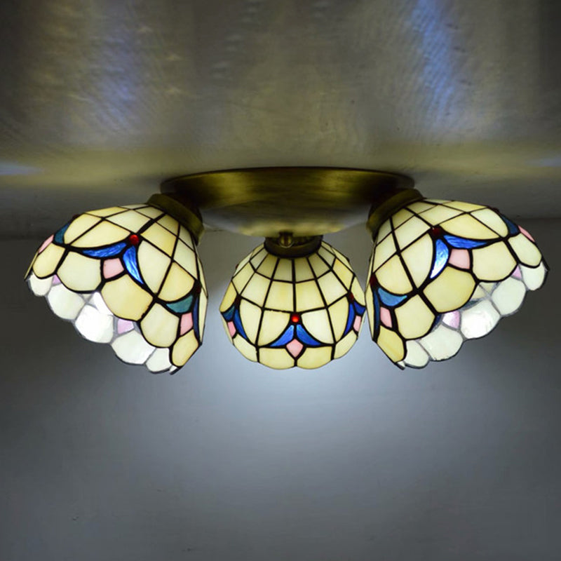 3 Heads Ceiling Flush Light Fixture Tiffany Small Stained Glass Flush Mount Lighting for Hall
