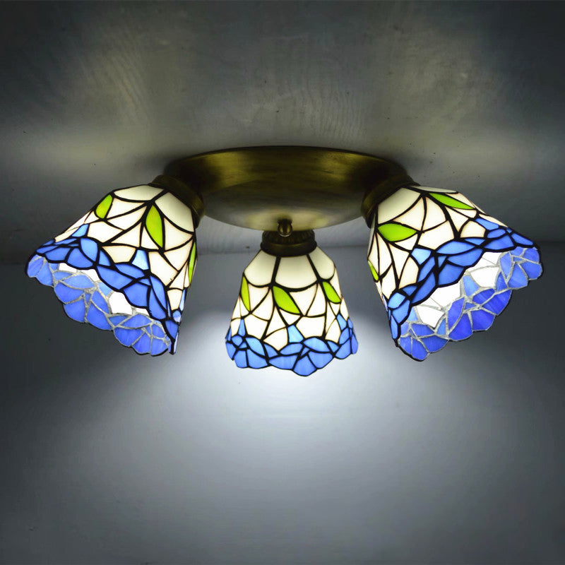 3 Heads Ceiling Flush Light Fixture Tiffany Small Stained Glass Flush Mount Lighting for Hall