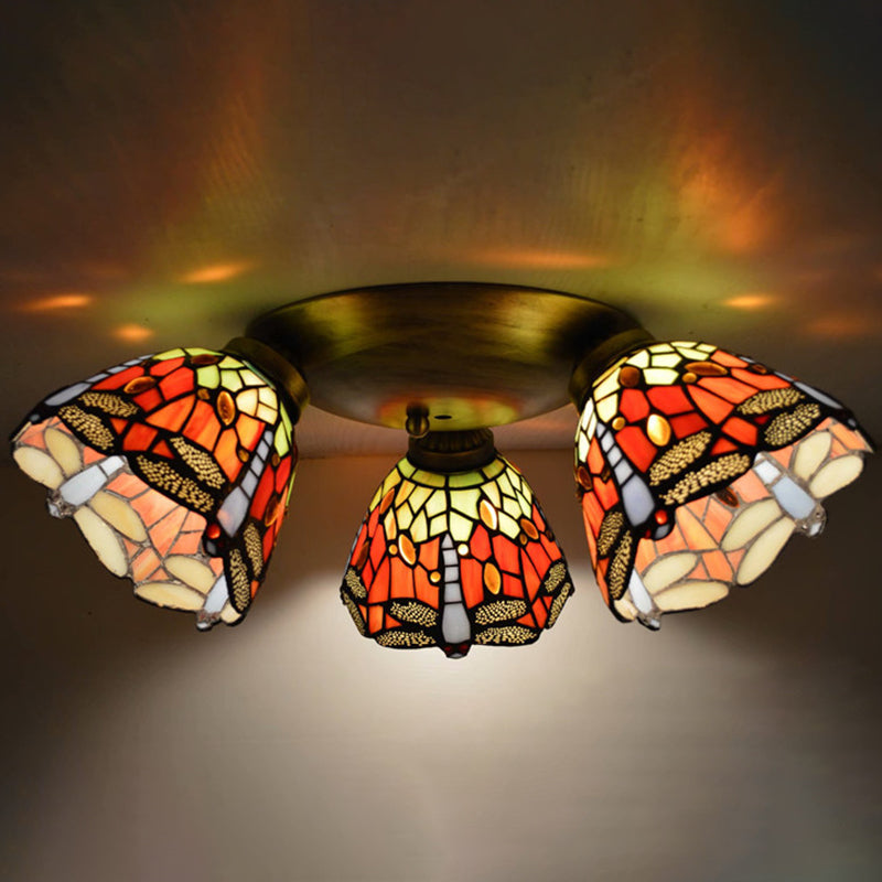 3 Heads Ceiling Flush Light Fixture Tiffany Small Stained Glass Flush Mount Lighting for Hall