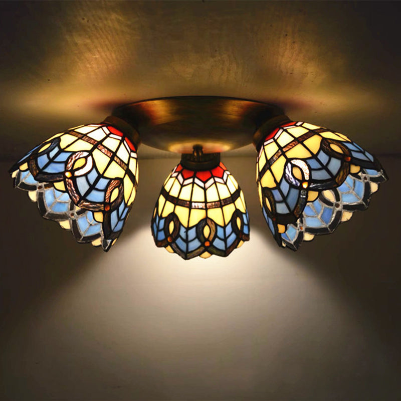 3 Heads Ceiling Flush Light Fixture Tiffany Small Stained Glass Flush Mount Lighting for Hall