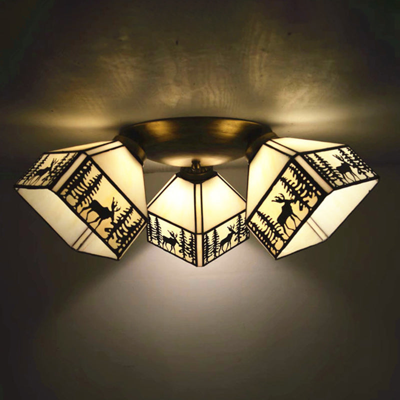 3 Heads Ceiling Flush Light Fixture Tiffany Small Stained Glass Flush Mount Lighting for Hall