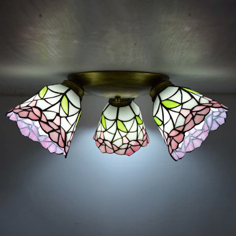 3 Heads Ceiling Flush Light Fixture Tiffany Small Stained Glass Flush Mount Lighting for Hall