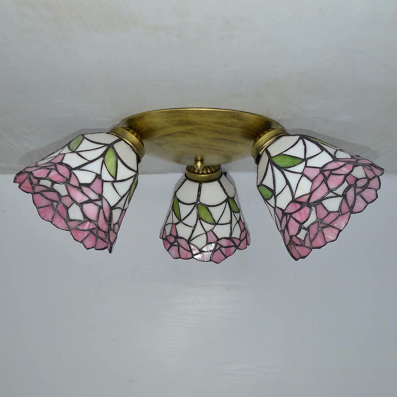 3 Heads Ceiling Flush Light Fixture Tiffany Small Stained Glass Flush Mount Lighting for Hall